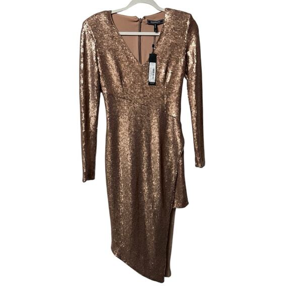 BCBGMAXAZRIA Long Sleeve Sequin Mini Dress V Neck Gold Size 2 Sexy Party - Picture 7 of 9